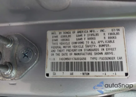 2007 Honda Accord 2.4 Vp z USA, uszkodzony, nr VIN 1HGCM56117A002456